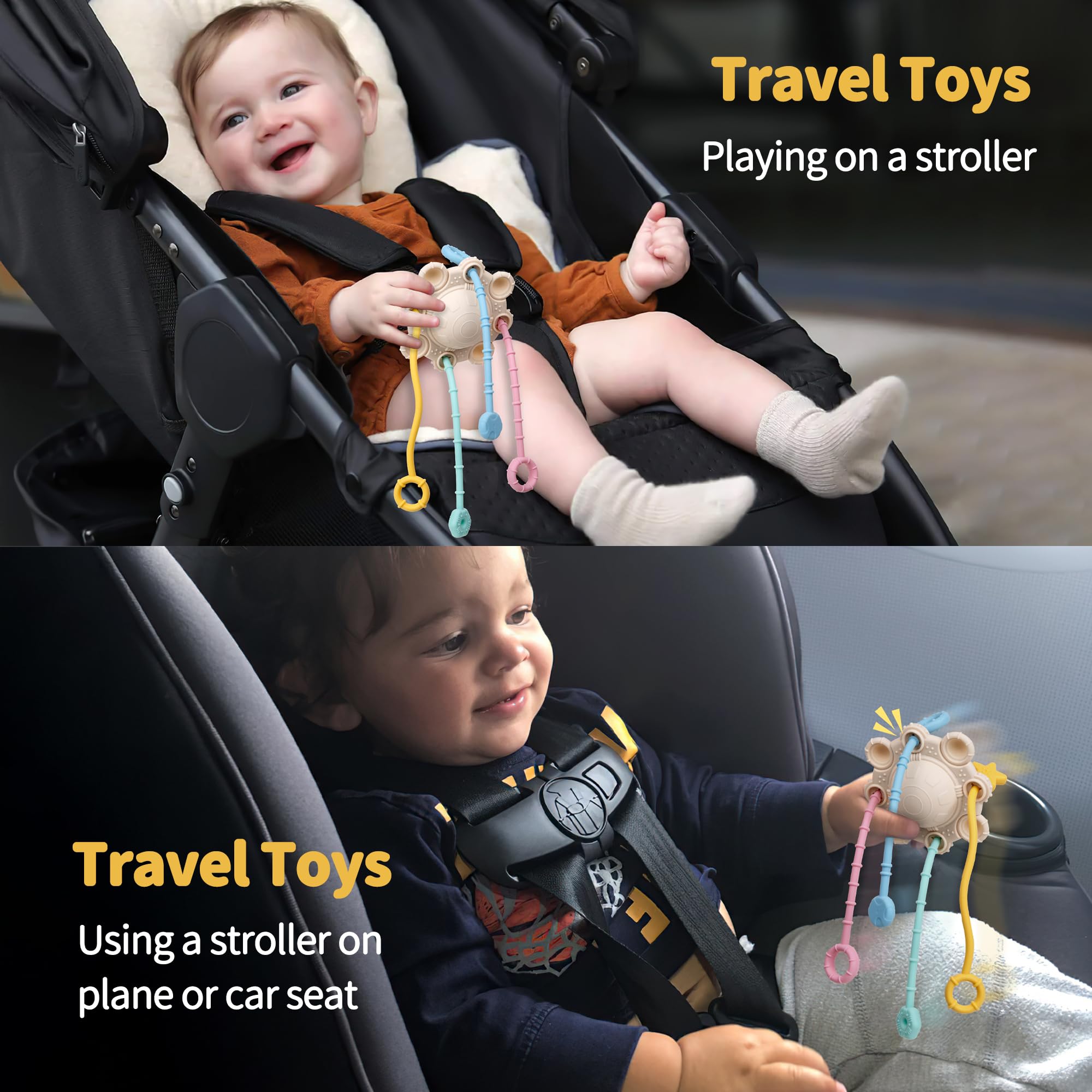 Montessori - Juguete de cuerda para bebés, juguete de desarrollo temprano de silicona de grado alimenticio, juguete de viaje para habilidades motoras finas, regalos sensoriales (color crema)