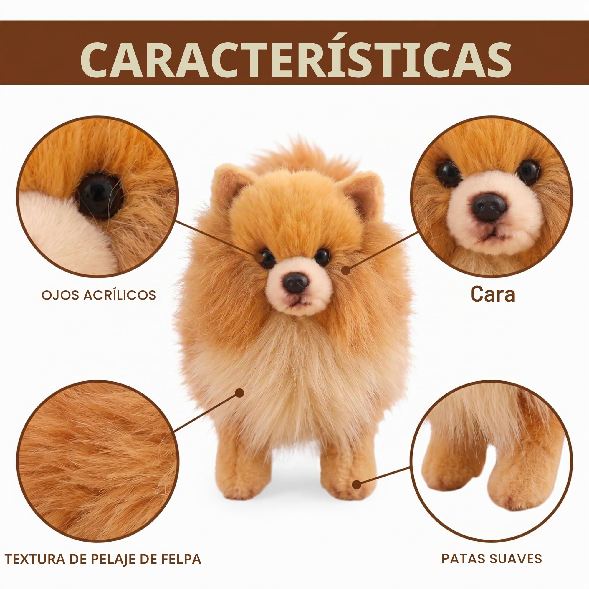 Soft Pomeranian Perro Peluche, 23CM Lindo Cachorro de Peluche Niños Ideal para el Juego Acogedor y la Decoración del Dormitorio(BrownBomei)