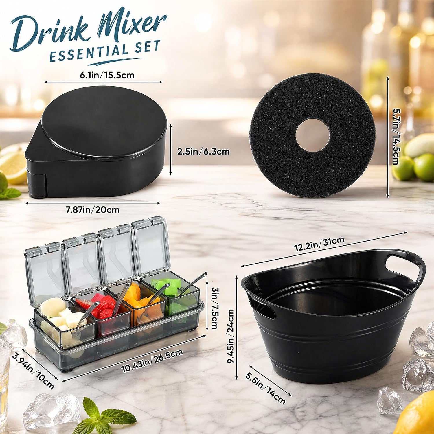 Rtteri 4 Pack Plastic Ice Buckets with Salt Rimmer Condiment Caddy with Lid
