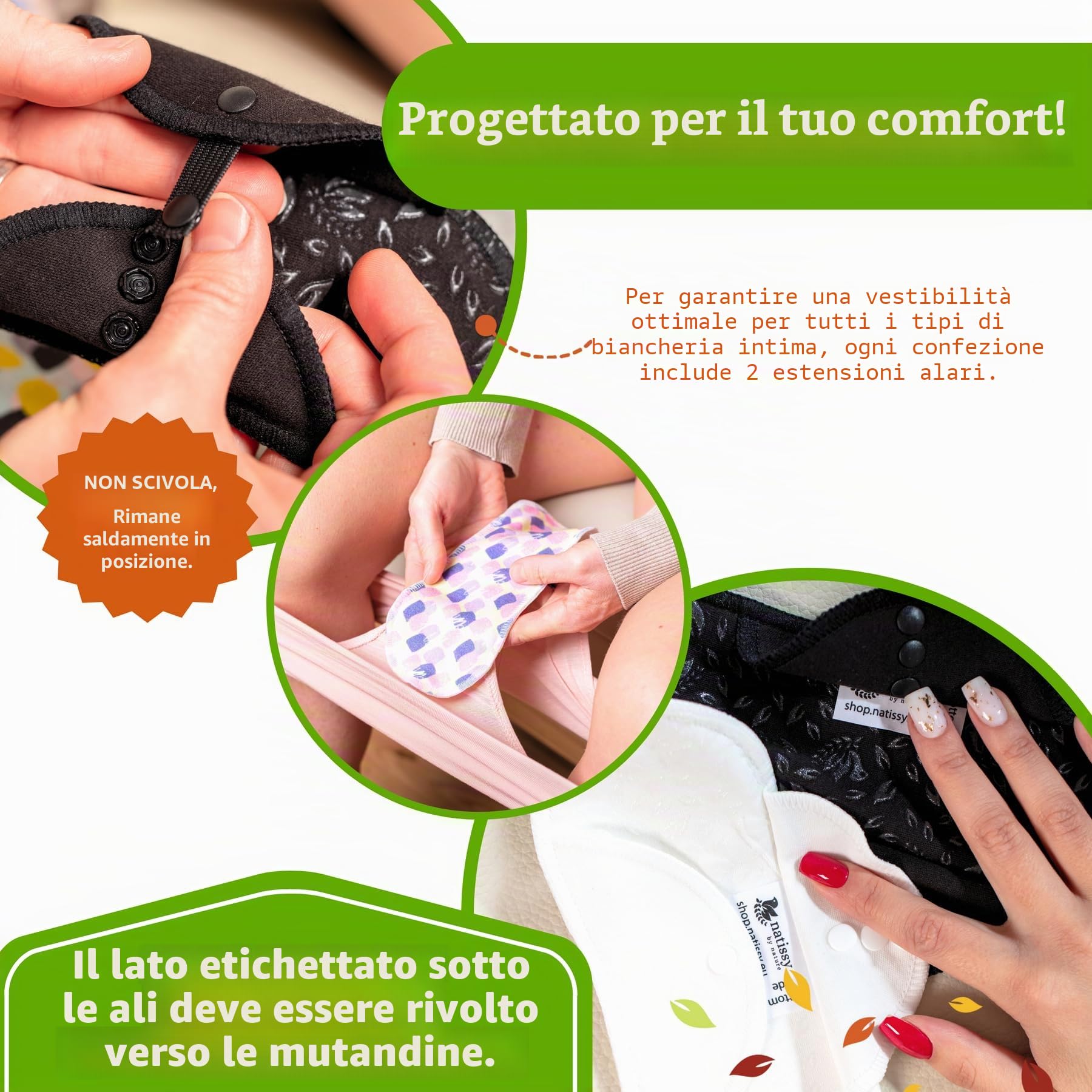 Natissy Assorbenti Lavabili in Cotone Biologico per Donna e Adolescente, Morbidi, Traspiranti, Non Irritanti e Riutilizzabili - Set 6 pz Taglie S+M - Made in EU