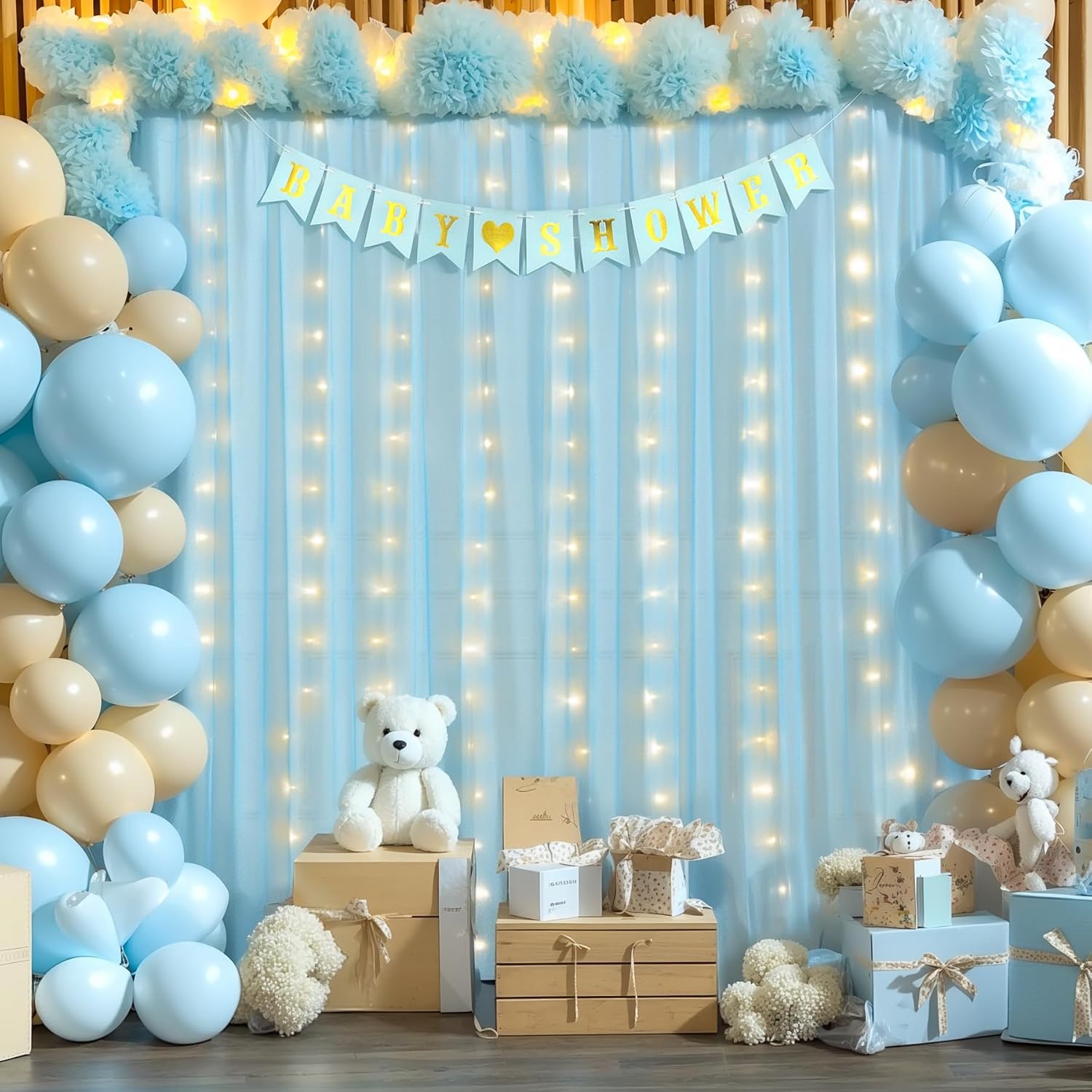 10x10ft Blue Tulle Backdrop Curtains with Lights String for Parties, Wrinkle Free Sheer Curtain Wedding Photo Backdop Drapes for Baby Shower Birthday Party Ceremony Photography Home Decorations