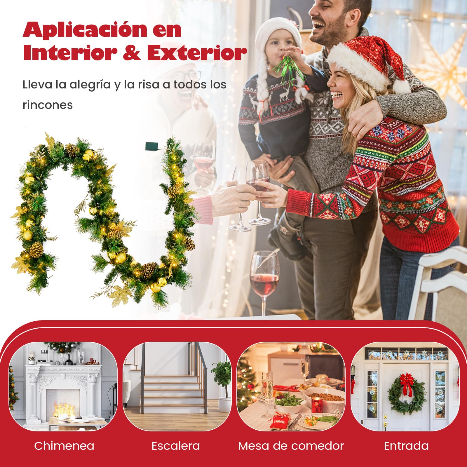 GOPLUS Guirnalda de Navidad Decorativa 270 cm, Guirnalda de Abeto Artificial con 50/100 Luces LED y Función de Temporizador, Decoración Navideña para Escalera Chimenea (Dorada)
