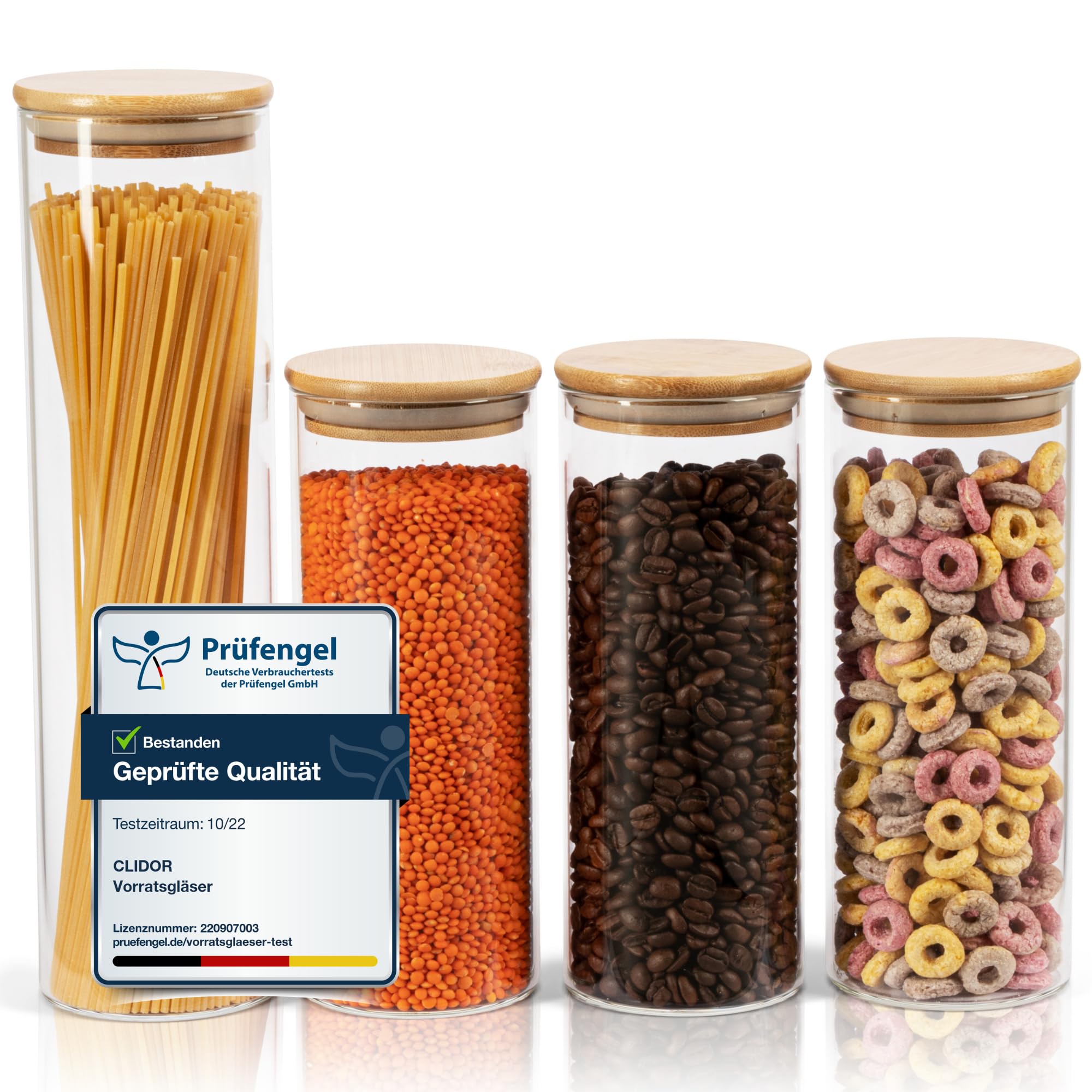 CLIDOR Vorratsgläser mit Deckel, Rund - 4er Set - 1x 1200ml & 3x 800ml, Erhöhte Glasstärke, Vorratsdosen mit Deckel luftdicht, Aufbewahrungsbox Küche für alle Lebensmittel, Küchen Organizer