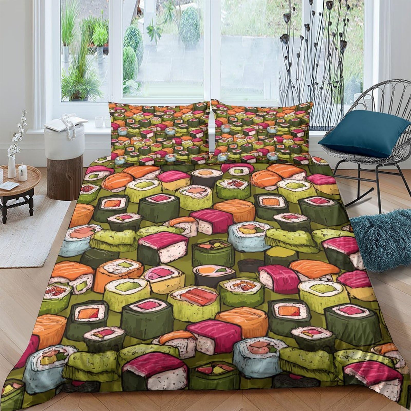 Ctjqhvkz Style-3 3D Printed Sushi Roll Fitted Sheet Microfiber Soft Breathable Nigiri Bed Cover For Bedroom Dorm Mattress Decor Single（135X200cm）