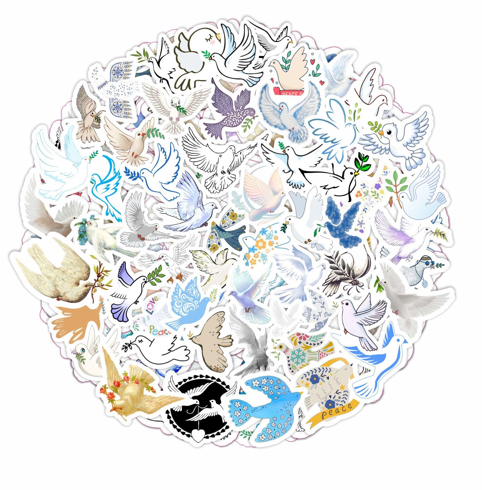 BulbaCraft100Pcs Dove Stickers for Water Bottle and Laptop - Dove Party Favors & Decorations, Waterproof Vinyl Decals, Peace and Bird Stickers, Gifts for Women & Men