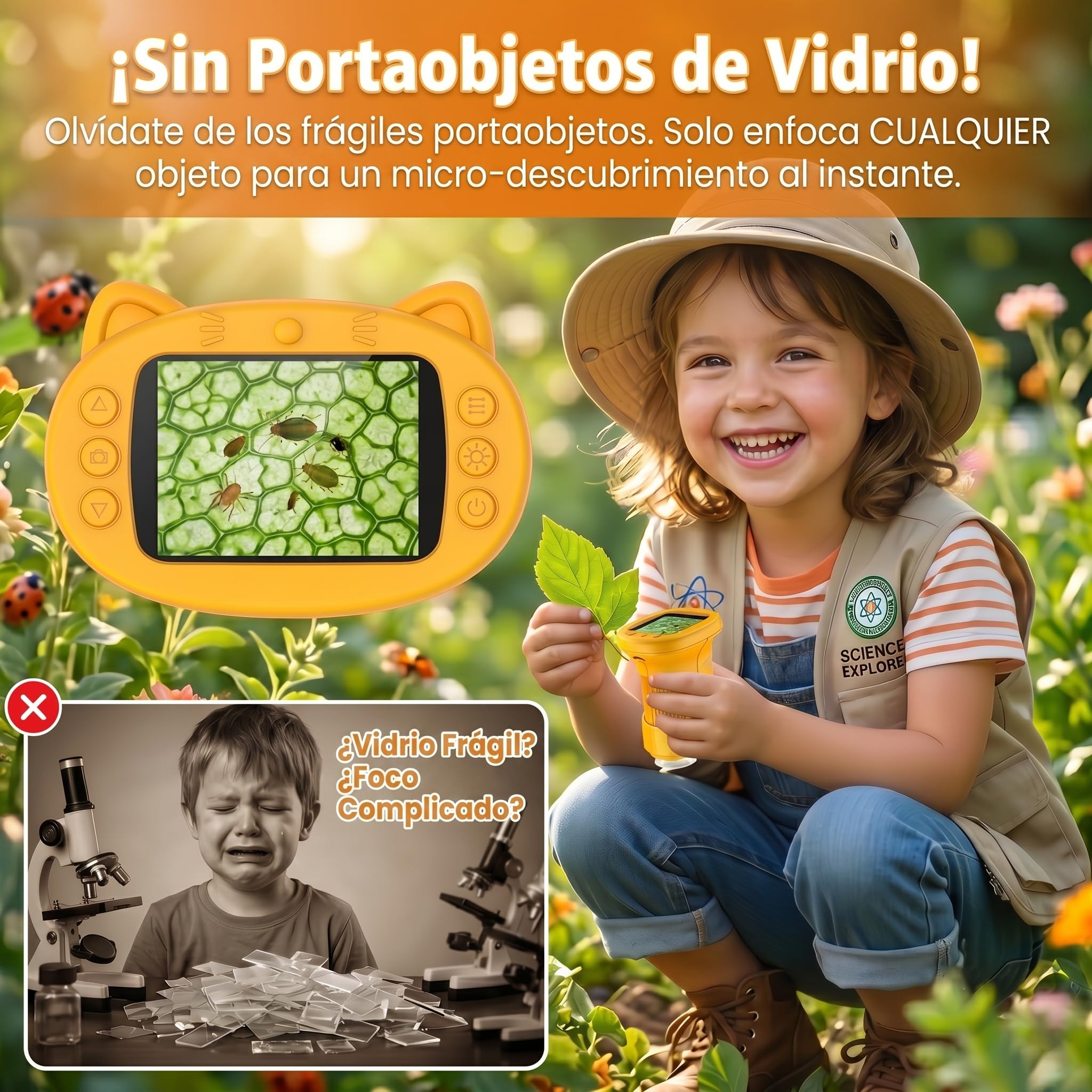 Microscopio para Niños, Microscopio Digital Infantil 4K Pantalla IPS 2.4" Zoom 1000X, Lupa Portátil 8 LED y Cámara Vídeo, Juguetes Stem Regalo Cumpleaños Niño y Niña 3-12 Años - Mandarina