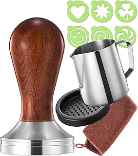 Espresso Tamper Set - 51mm Tamper - Frothing Pitcher, Tamper and Espresso Accessories - Premium Barista Espresso Hand Tamper Set (51mm, Wooden Handle)