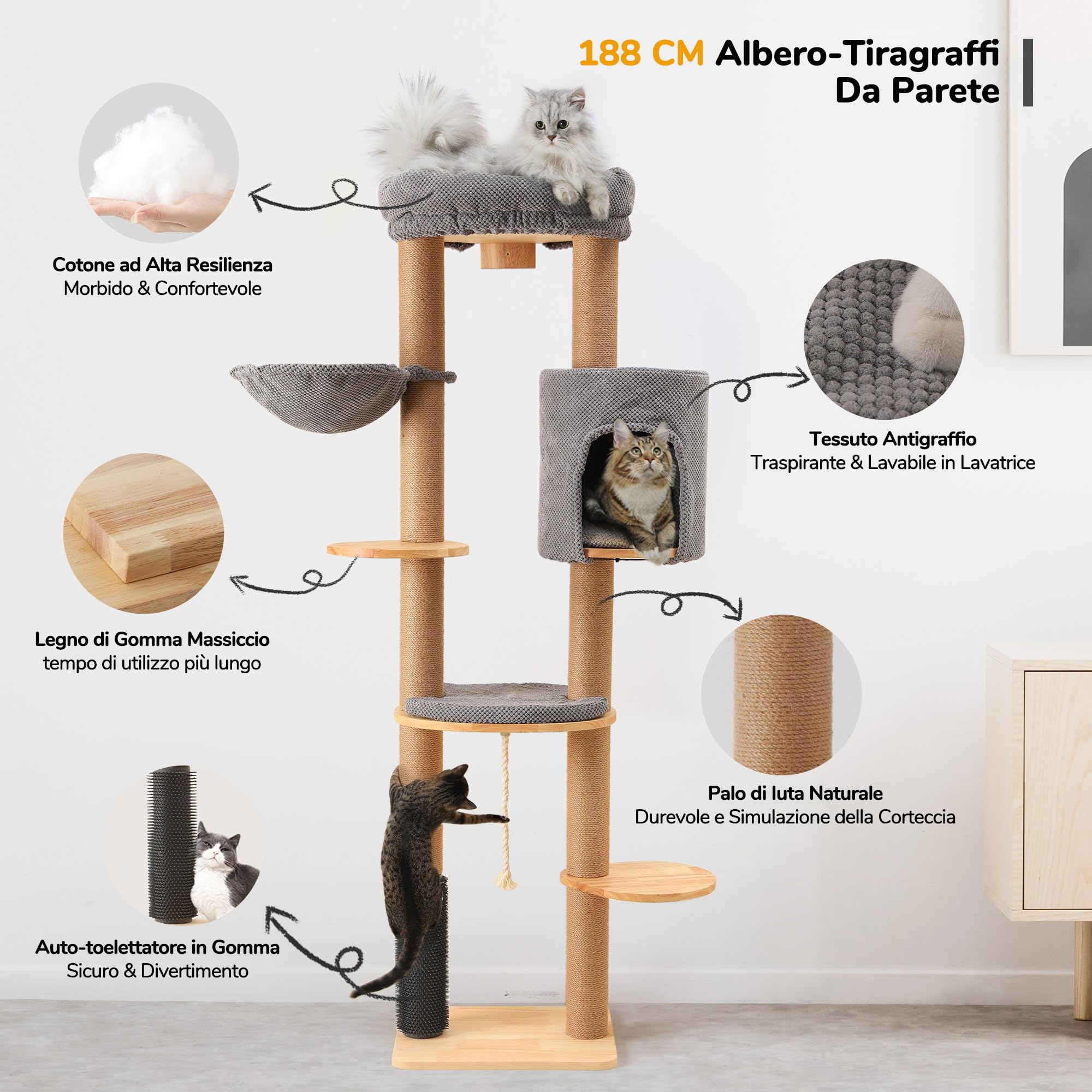 FUKUMARU Albero Tiragraffi per Gatti Adulti XXL da Parete, Tiragraffi in Legno, Alto 188 cm, Torre per Gatti in Legno Massello, con Spazzola, Posatoio, Amaca, Cuccia e Tappetino in Iuta.