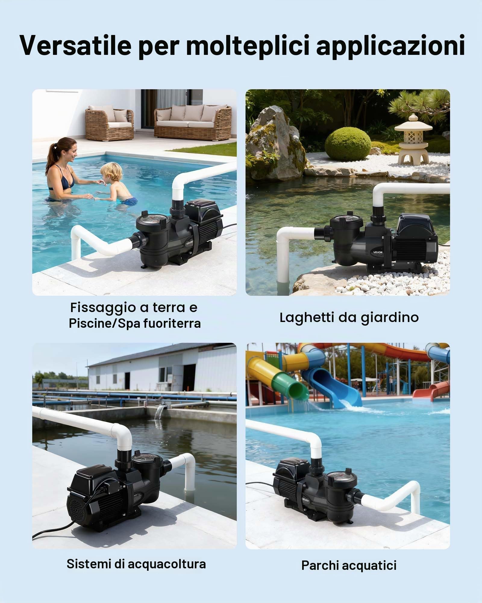 VEVOR Pompa di Filtrazione per Piscina Velocità Variabile 1350 W, Pompa per Piscina Fuori Terra e Interrate Filtrazione da 30000 L/h, Cestello Filtrante, Prevalenza di 16 m, Plastica PP-GF30