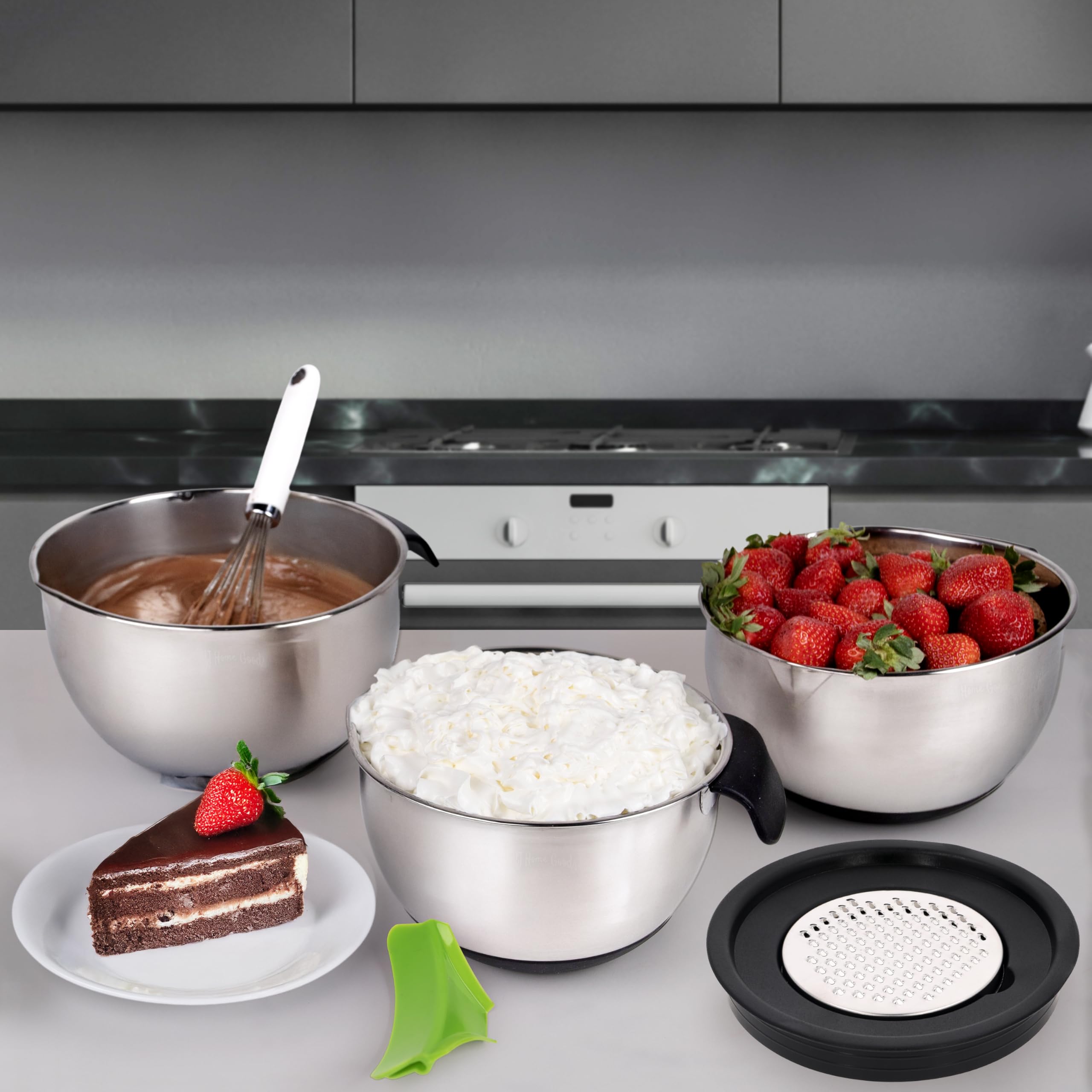 Edelstahl-Rührschüssel mit Deckeln, Griffe für Feiertage: Geschenk-Set für Küche mit Ausgießer, rutschfeste Silikonbasis auf Schüsseln, Sieb, Reiben für die Küche