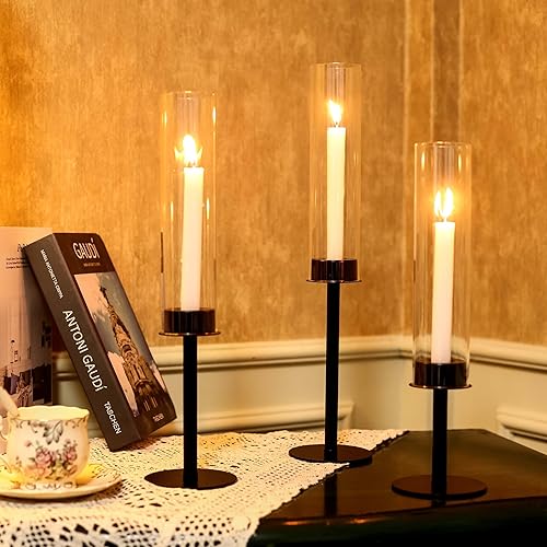 Miniatura 6 de Portavelas negros de 3 piezas, portavelas de huracán, portavelas cónicos con cubierta de vela de vidrio para decoración de mesa de boda, centro de