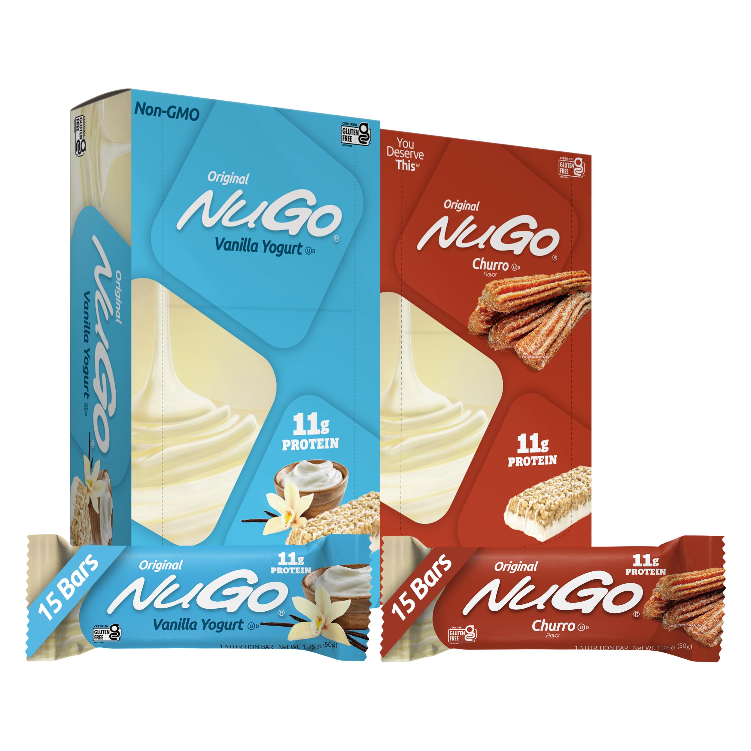 NuGo Original Variety, Vanilla Yogurt 15 bars & NEW! Churro 15 bars, 11g Protein, Gluten Free, 30 Count