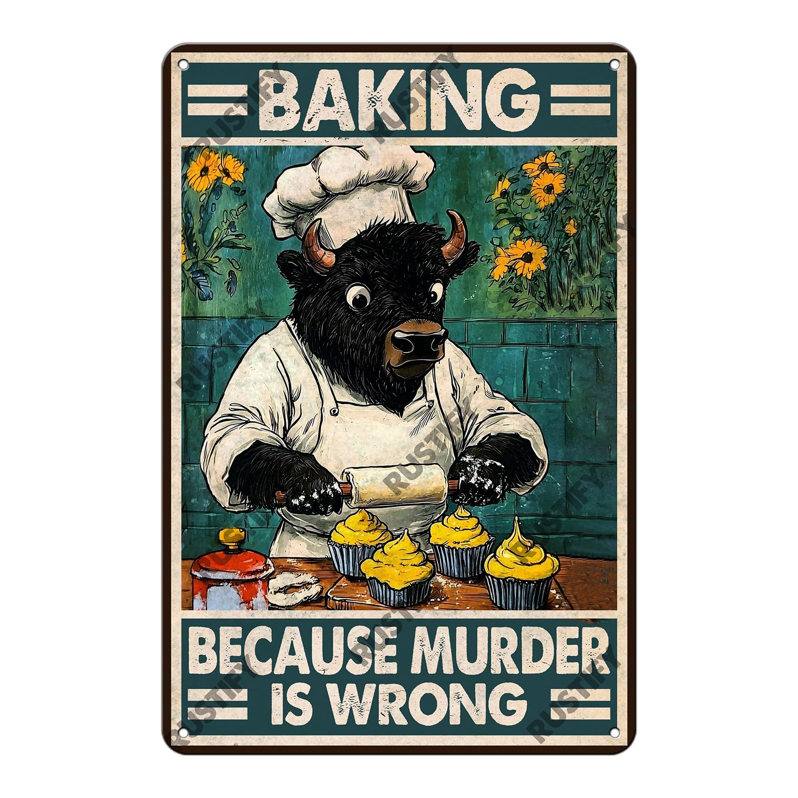 Anceky Baking because murder is wrong cow Tin Sign Vintage Metal Sign Wall Decor for Outdoor Entryway Home Garage Backyard 12×16 Inch