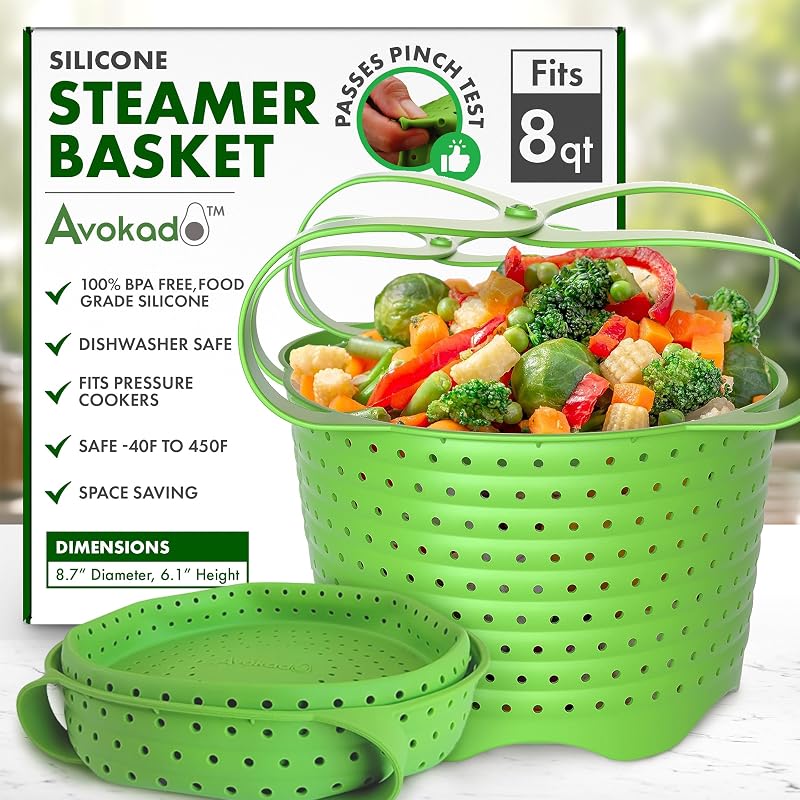 Avokado Silicone Steamer Basket for 8qt Instant Pot [3qt, 6qt avail], Other Pressure Cookers - 100% Food Safe, BPA-Free, Dishwasher Safe Collapsible Vegetable Steamer Basket & Strainer