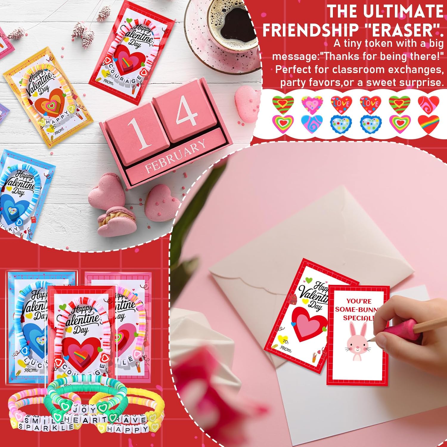 Sasylvia 25 Sets Valentines Day Cards with Valentines Friendship Bracelets and Heart Shaped Erasers Classroom Exchange Gift Class Prize for Friends Bestie Students School Party Favor - Image 6