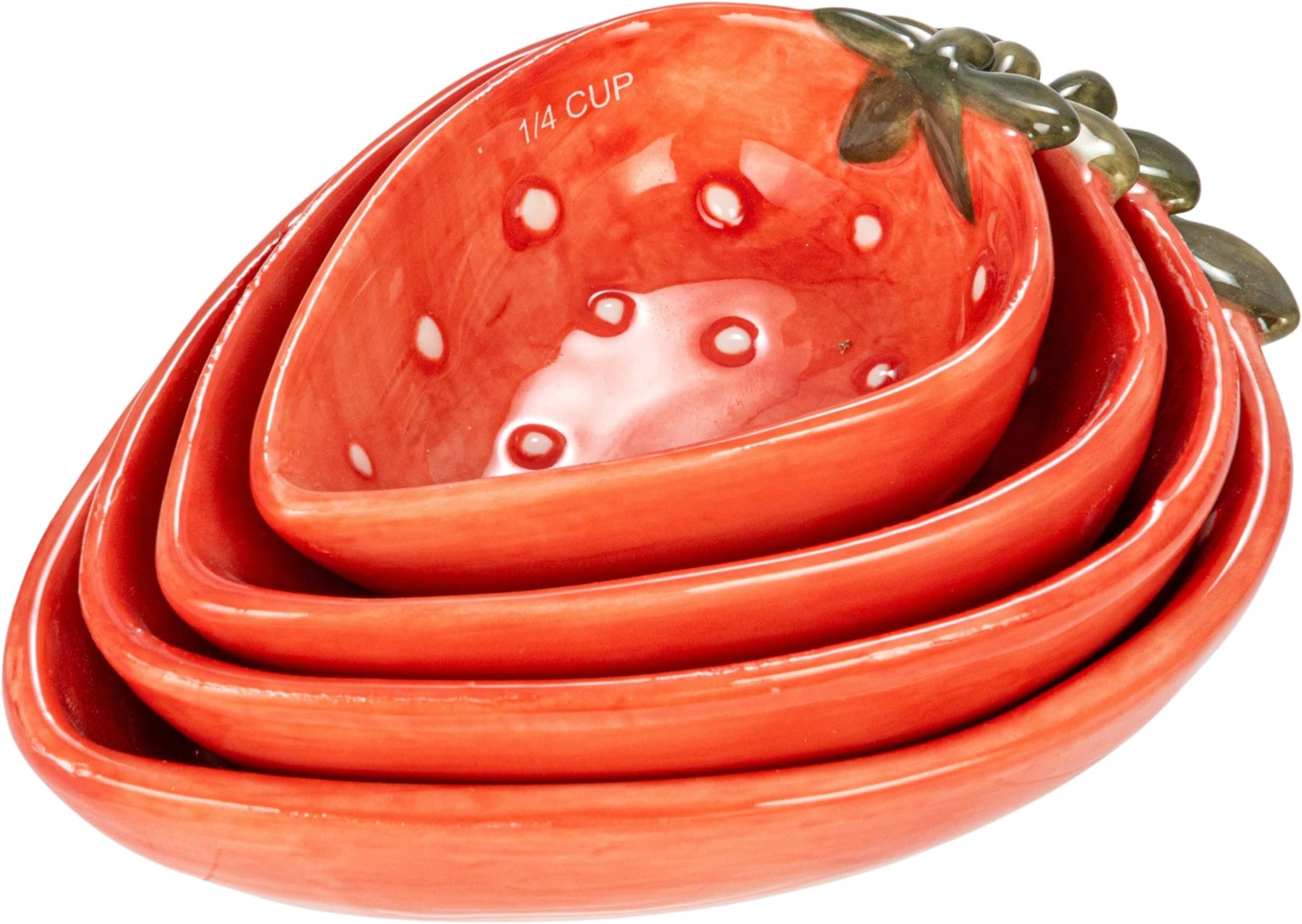 Creative Co-Op Hand-Painted Strawberry Stoneware Measuring Cups, Red and White, Set of 4