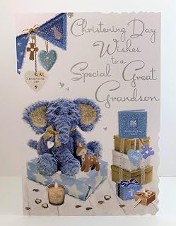 Jonny Javelin Christening Day Wishes to A Special Great Grandson Card - Boy Elephant Teddy