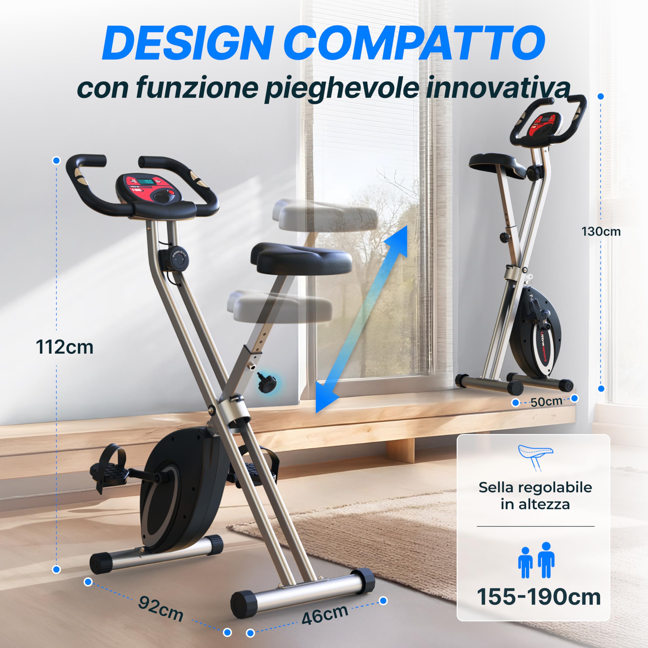 Ultrasport F-Bike Cyclette da Casa Pieghevole - Cyclette Pieghevole da Casa con Sella Extra Confortevole, Computer di Allenamento e Sensori delle Pulsazioni, Cyclette da Camera