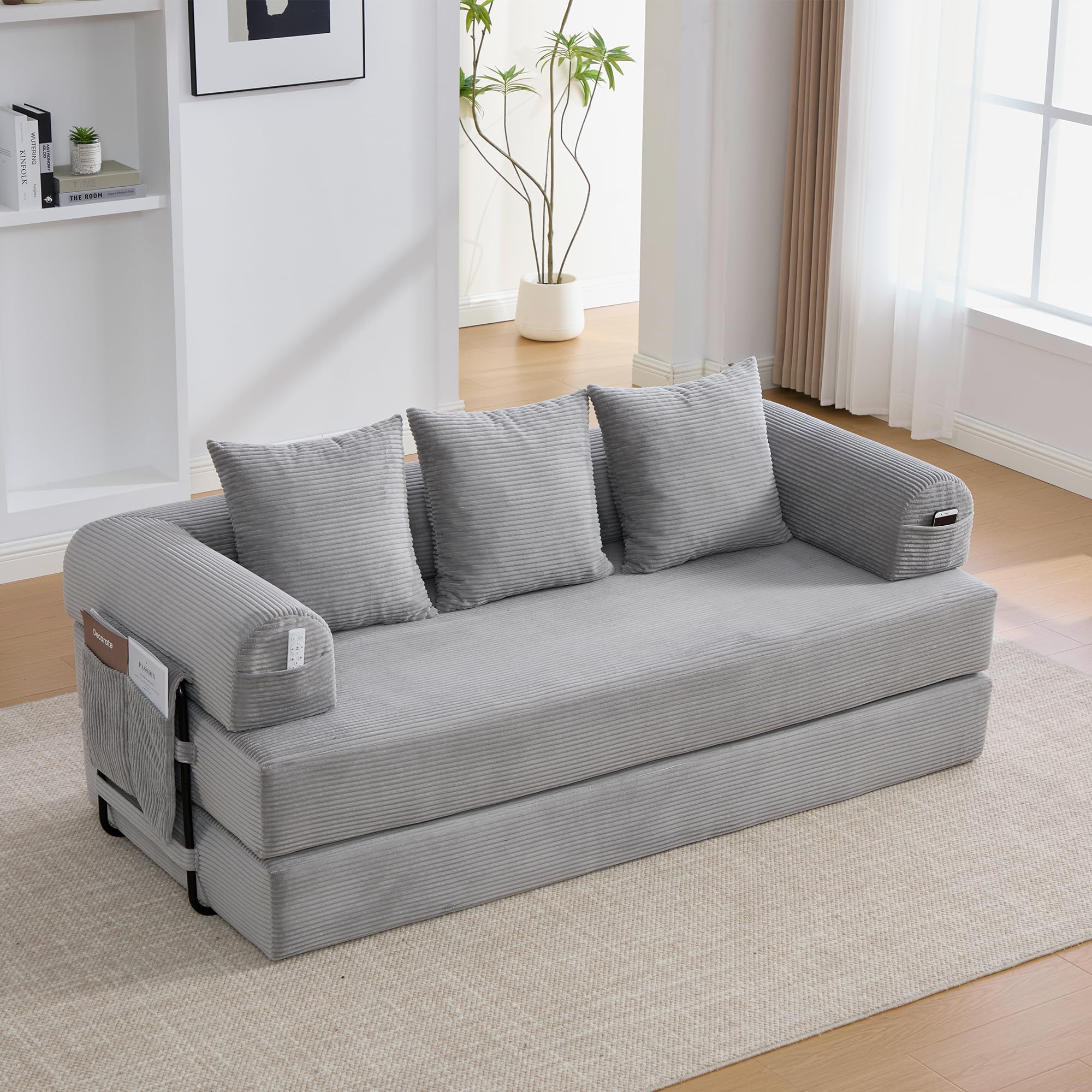Sapgaks - Sofá convertible de 3 plazas con estructura de metal resistente, bolsillos laterales y 3 cojines, sofá modular de pana, se puede combinar libremente, sofá cama, gris claro