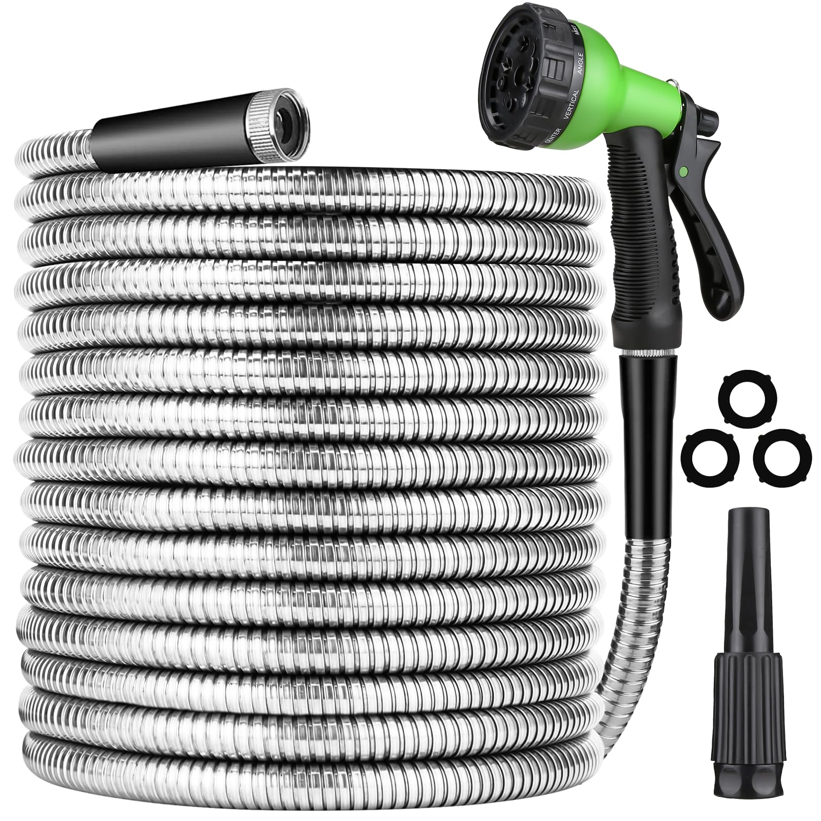 50FT Stainless Steel Garden Hose, Water Hose with 10 Function Sprayer Nozzle & Adjustable Nozzle, Garden Hose Rust Proof Kink Free & Tangle Free Flexible for Lawn, Car, RV, and Outdoor Watering