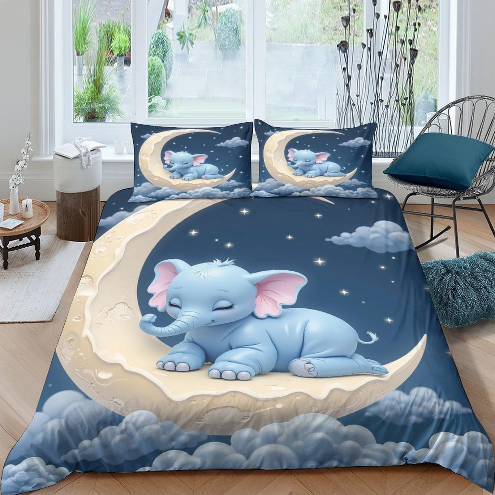Ctjqhvkz Style-9 3D Printed Sleeping Elephant Moon Fitted Sheet Microfiber Soft Navy Blue Clouds Bed Cover Bedroom Dorm Decor Single（135X200cm）