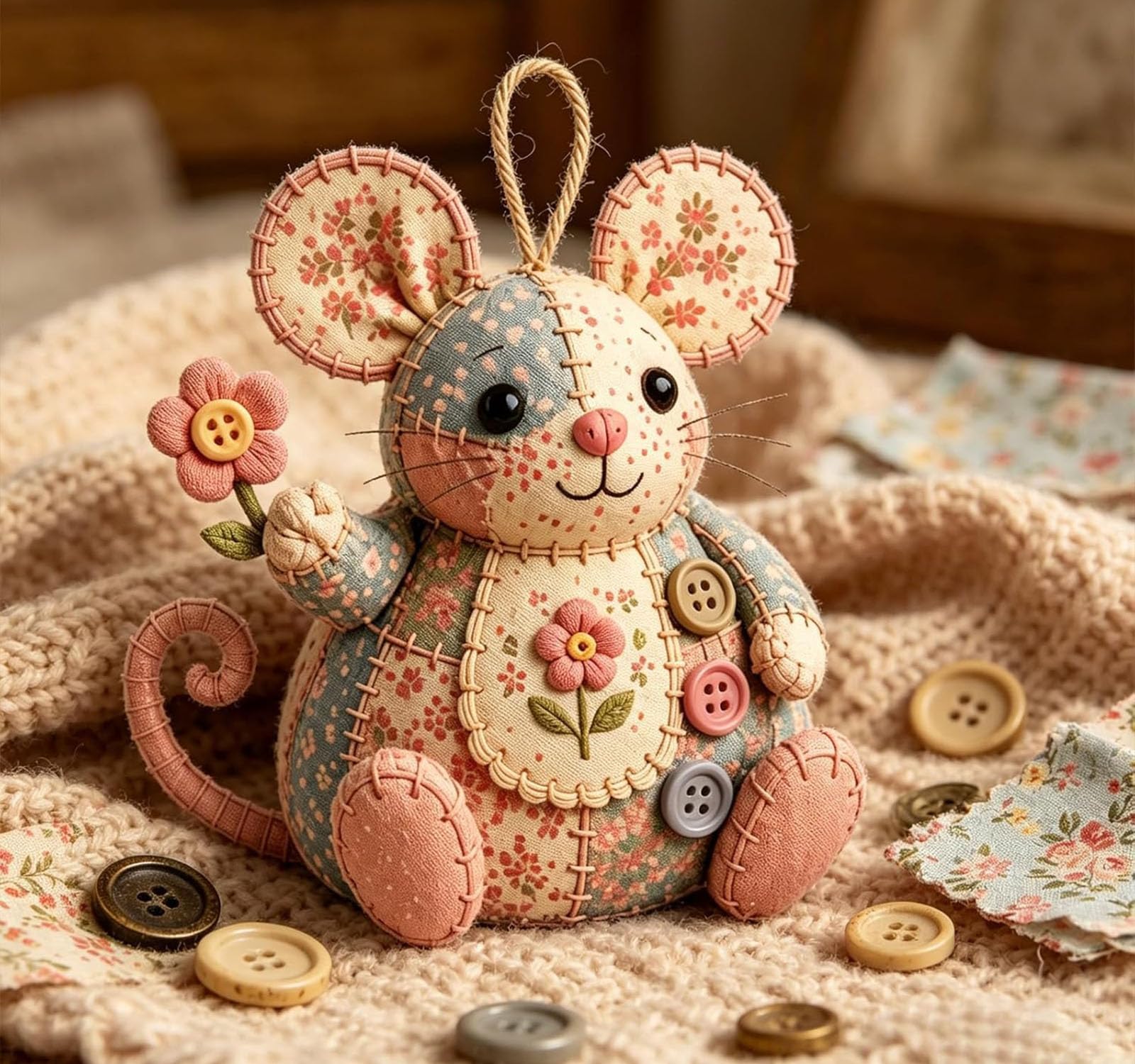Kit de bricolaje de ratón de patchwork, lindo kit de bricolaje de adorno de ratón, con tela floral, relleno, botones, juego de manualidades de costura hecho a mano, para adultos, principiantes (3SET)