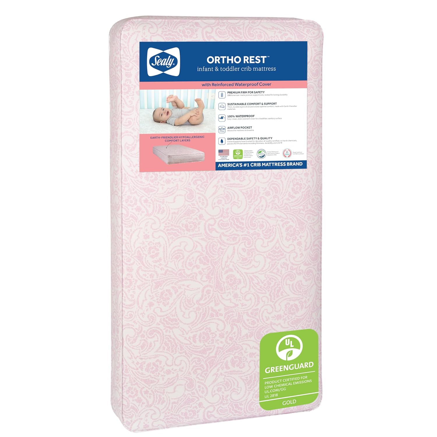 Sealy Baby Ortho Rest Waterproof Crib Mattress plus Toddler Bed Fit, 150 Extra Firm Coils, Orthopedic Comfort, GREENGUARD Gold Certified, Safety & Quality Tested, Made in USA, 52"X28" - Pink