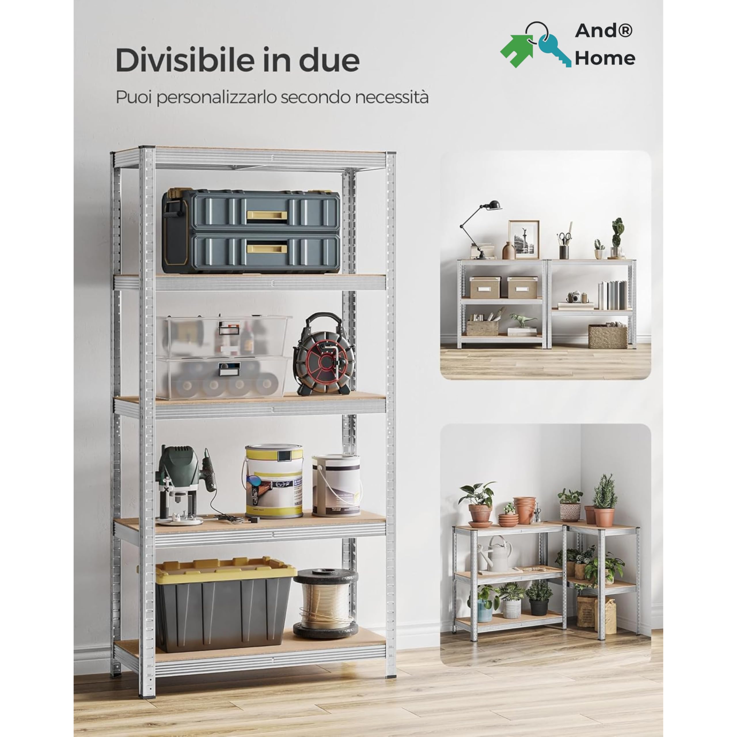 1 Scaffale Metallo Garage, Zincato 5 Ripiani in MDF – Portata Totale 875 kg – Montaggio Senza Viti o Bulloni - Scaffalatura Salvaspazio Robusta per Cantina, Cucina o Ufficio,180x90x40 cm