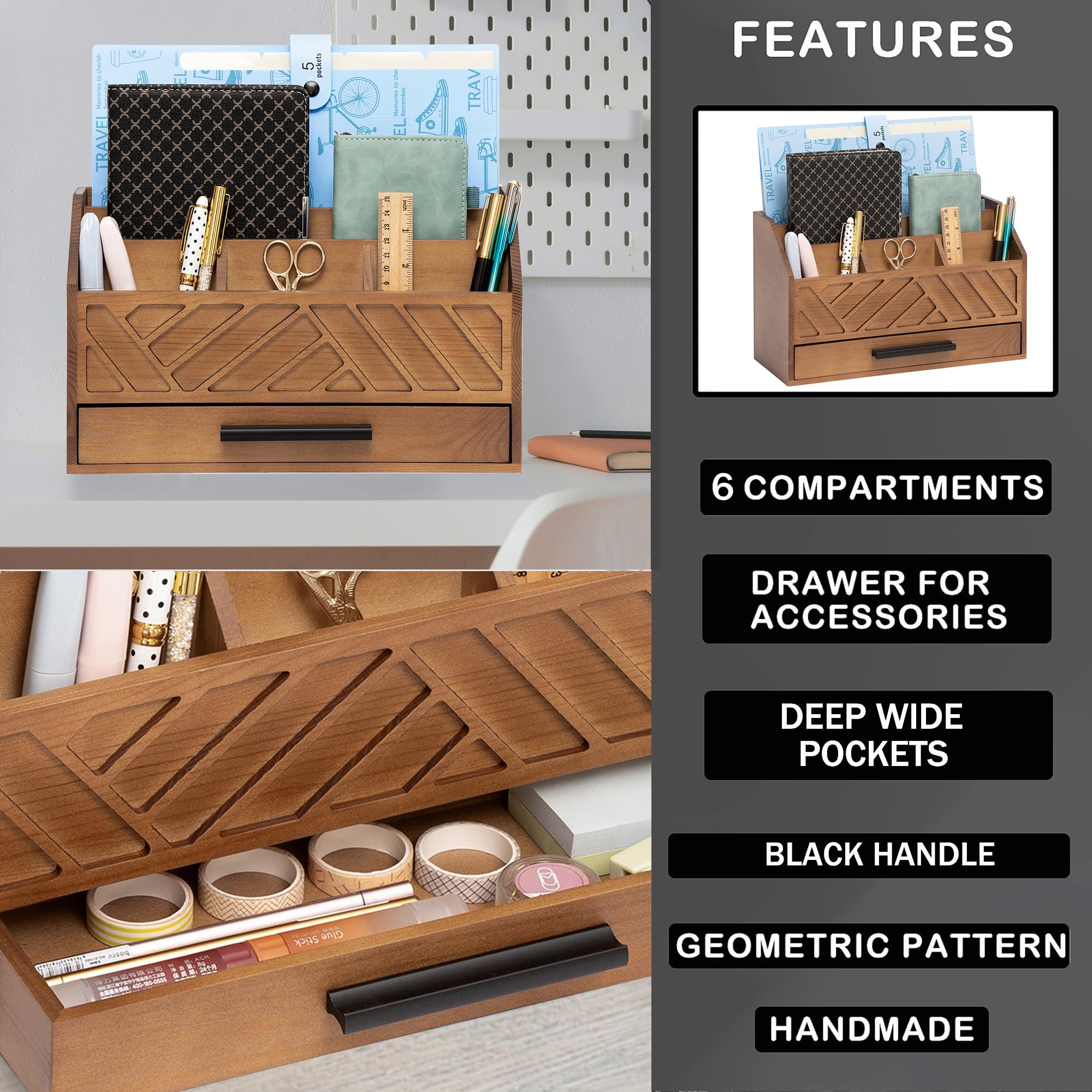 dreampossible Organizer da scrivania in legno marrone e accessori con cassetto, organizer per banconote e porta posta per ufficio, accessori da scrivania moderni e organizer per spazi di lavoro per
