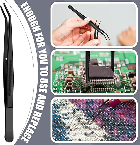 Miniatura 5 de Honoson 10 pinzas de acero inoxidable para manualidades con punta dentada curvada, pinzas multiusos para máquina de coser, pinzas a granel (negro)