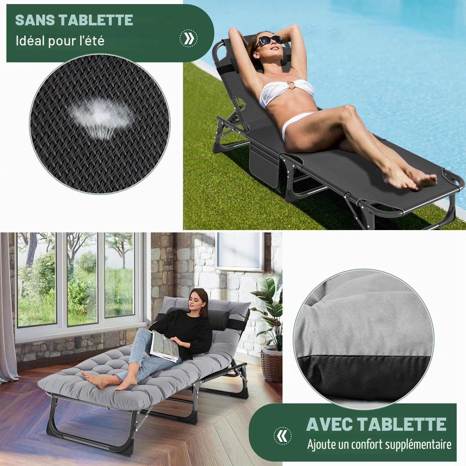 Chaise longue pliante avec matelas - Grande chaise de jardin pliante avec poche latérale et appuie-tête - Lit de camping pliable pour l'extérieur et l'intérieur
