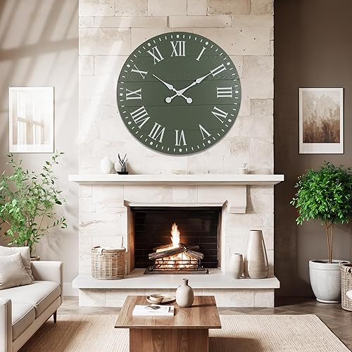Miniatura 4 de Reloj de pared grande con número romano, reloj de pared Shiplap de 35 pulgadas, estilo casa de campo, casi sin tictac, reloj redondo para decoración