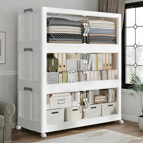 QAVABIN 180QT Stackable Storage Cabinet 3-Pack, 45 Gal Collapsible Bins with Wheels and Clear Magnetic Doors