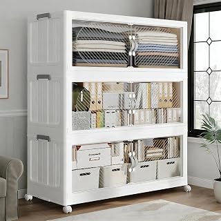 180QT Extra Large Stackable Storage Bins with Lid, 45Gal Plastic Closet Organizers and Storage Drawer, Collapsible Cabinet Box with Wheels Clear Doors for Home Kitchen Garage, 3Pack White - Amazon product rated Grade A