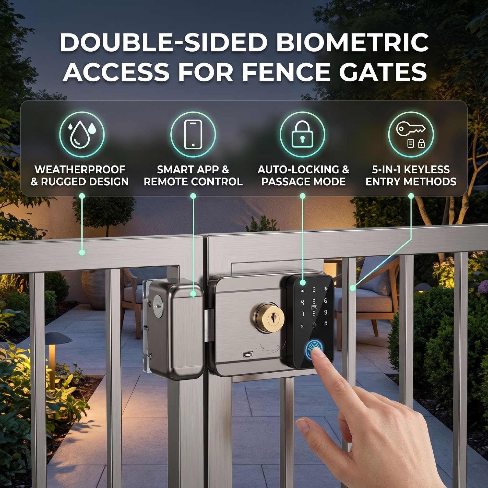 AMONIDA Cerradura de Teclado de Doble Cara 5 en 1 con Llave con Código de | Cerradura de Puerta sin Llave para Exteriores, Cerrojo WiFi Inteligente para Puerta de Entrada, Puerta de Jardín, 100