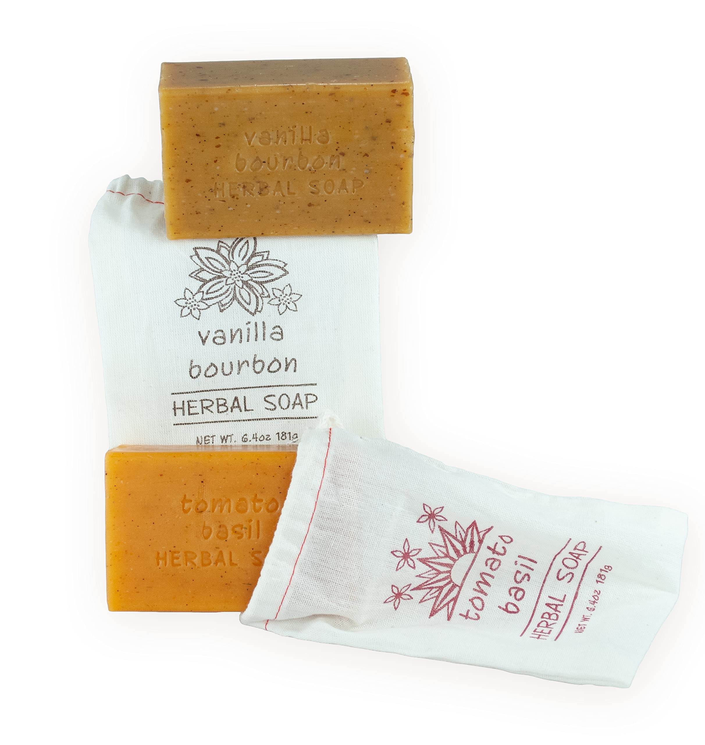 Set of 2 Herbal Soaps Tomato Basil and Vanilla Bourbon- 6.4 Oz Bars Wrapped in Drawstring Cloth Sacks-Enriched with Shea Butter, Virgin Olive Oil and Fresh Botanical Scents