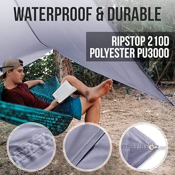 Foxelli Hammock Camping Set Bundle Includes Camping Hammock, Rain Tarp, XL Tree Straps & Hammock Net
