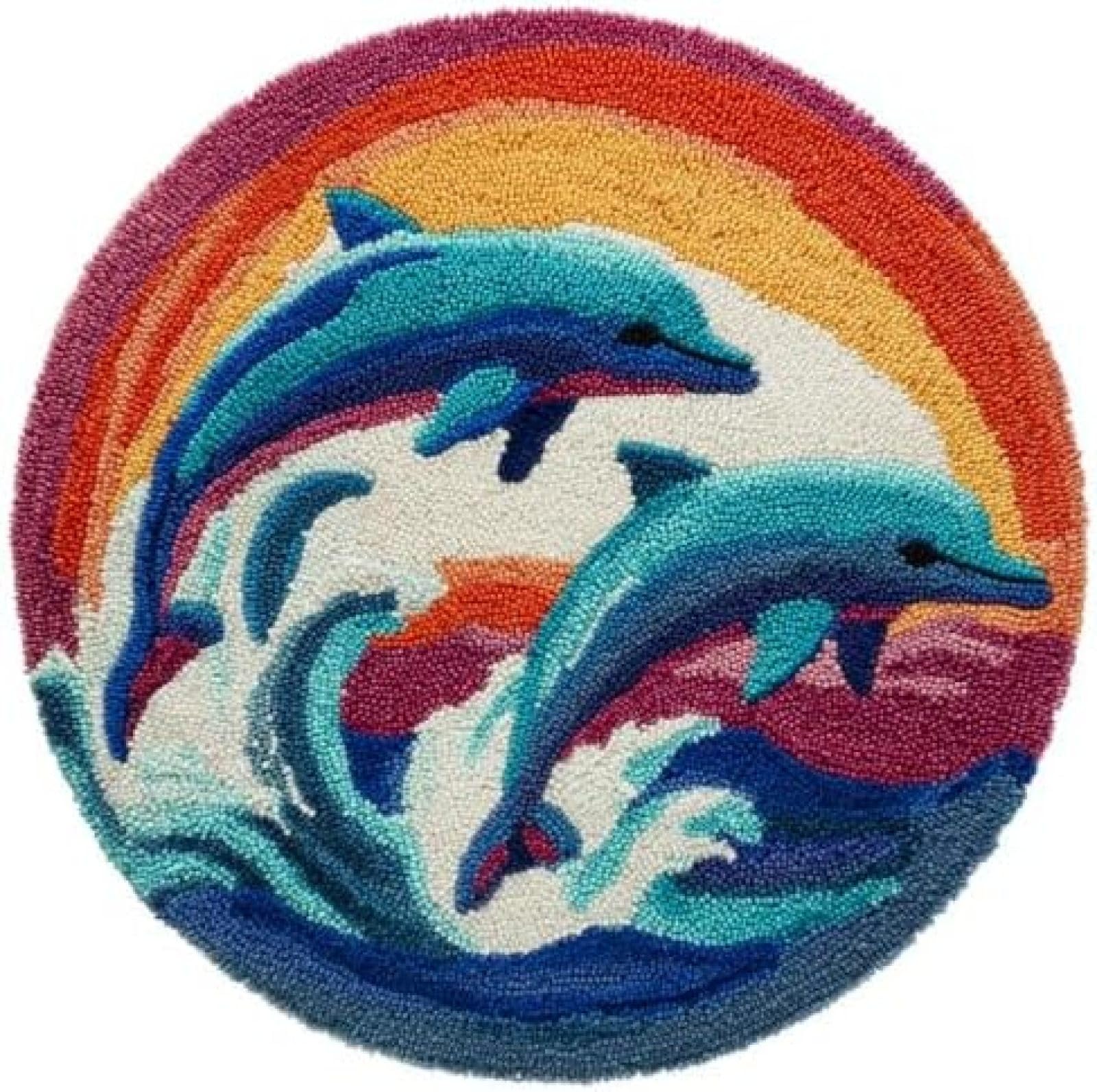 Latch Hook Rug Kit Two Dolphins Jumping Out From Sea Round Rug 52x52cm