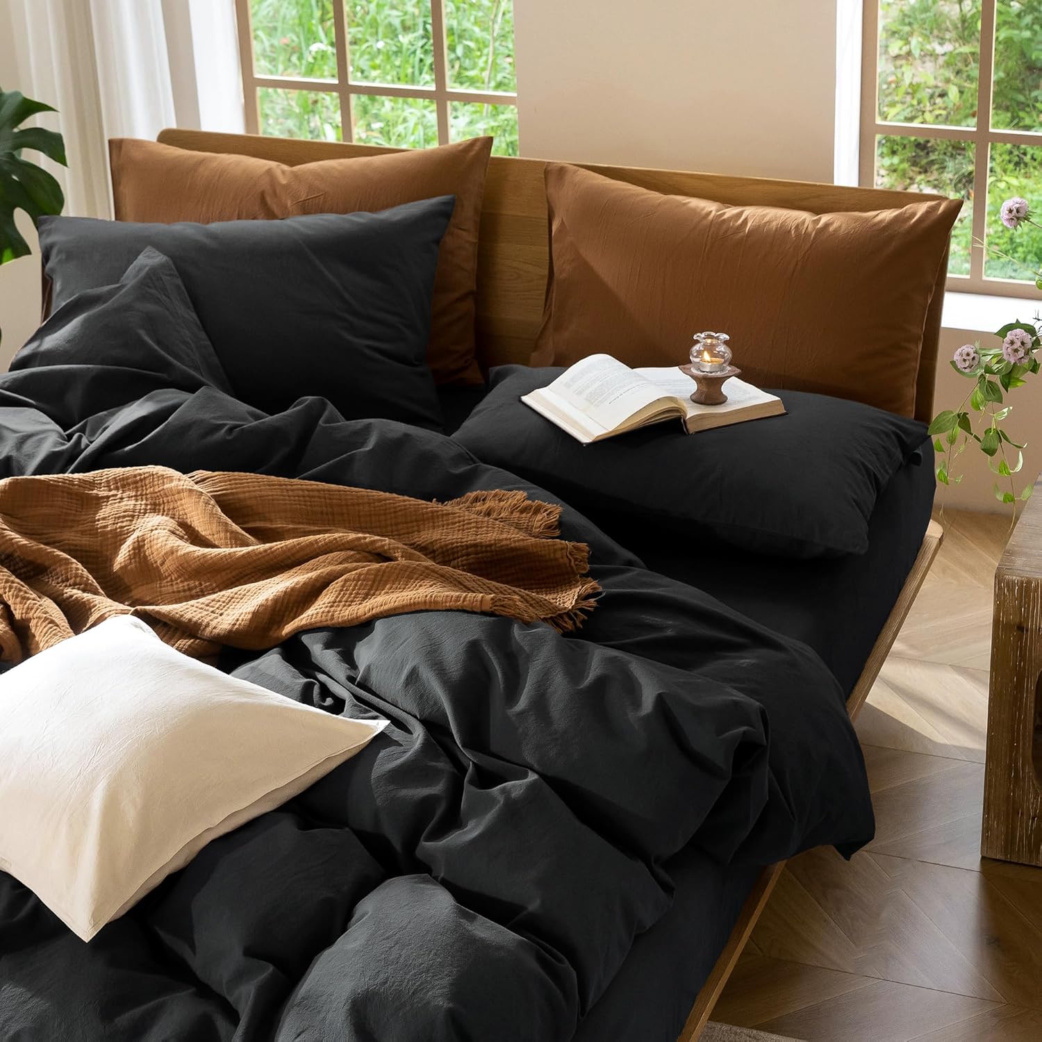 MooMee Bedding Duvet Cover Set 100% Washed Cotton Linen Like Textured Breathable Durable Soft Comfy (Solid Black, King 104"x90") - Image 8