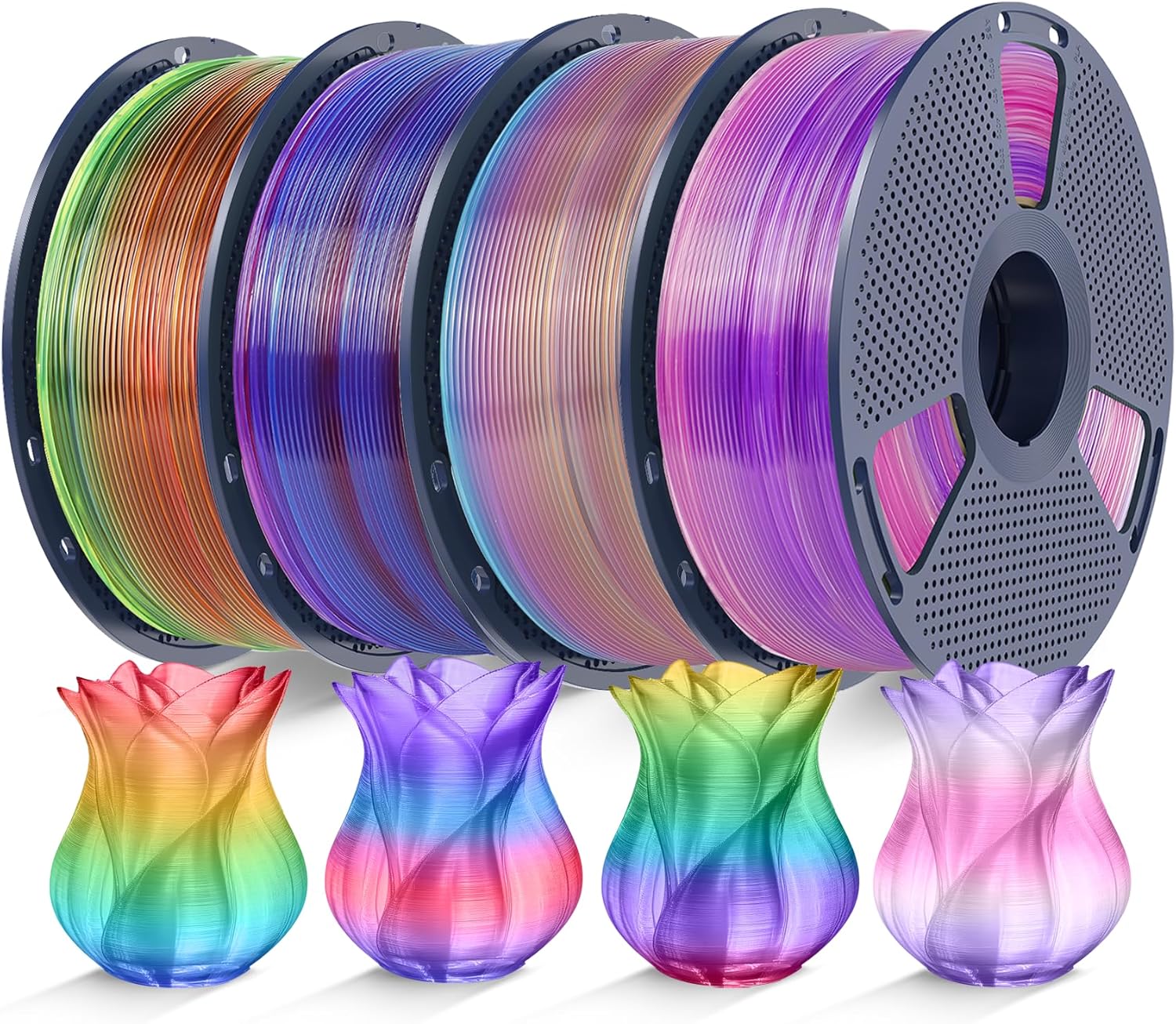SUNLU Filament PLA Transparent Arc-en-Ciel Bundle Multicolore  Filament PLA pour Imprimante 3D à Gradient Proprement Enroulé 1 75 mm ±0 02 mm  Poids Total 4KG  1KG par Bobine  4 Rouleaux.