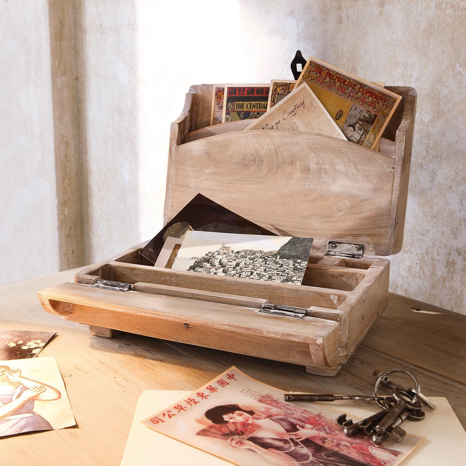 Loberon Tischsekretär Didier, Charmanter Vintage-Look, Handbearbeitet, Nostalgische Box, Aufbewahrung, Organizer, Mangoholz, Eisen, braun