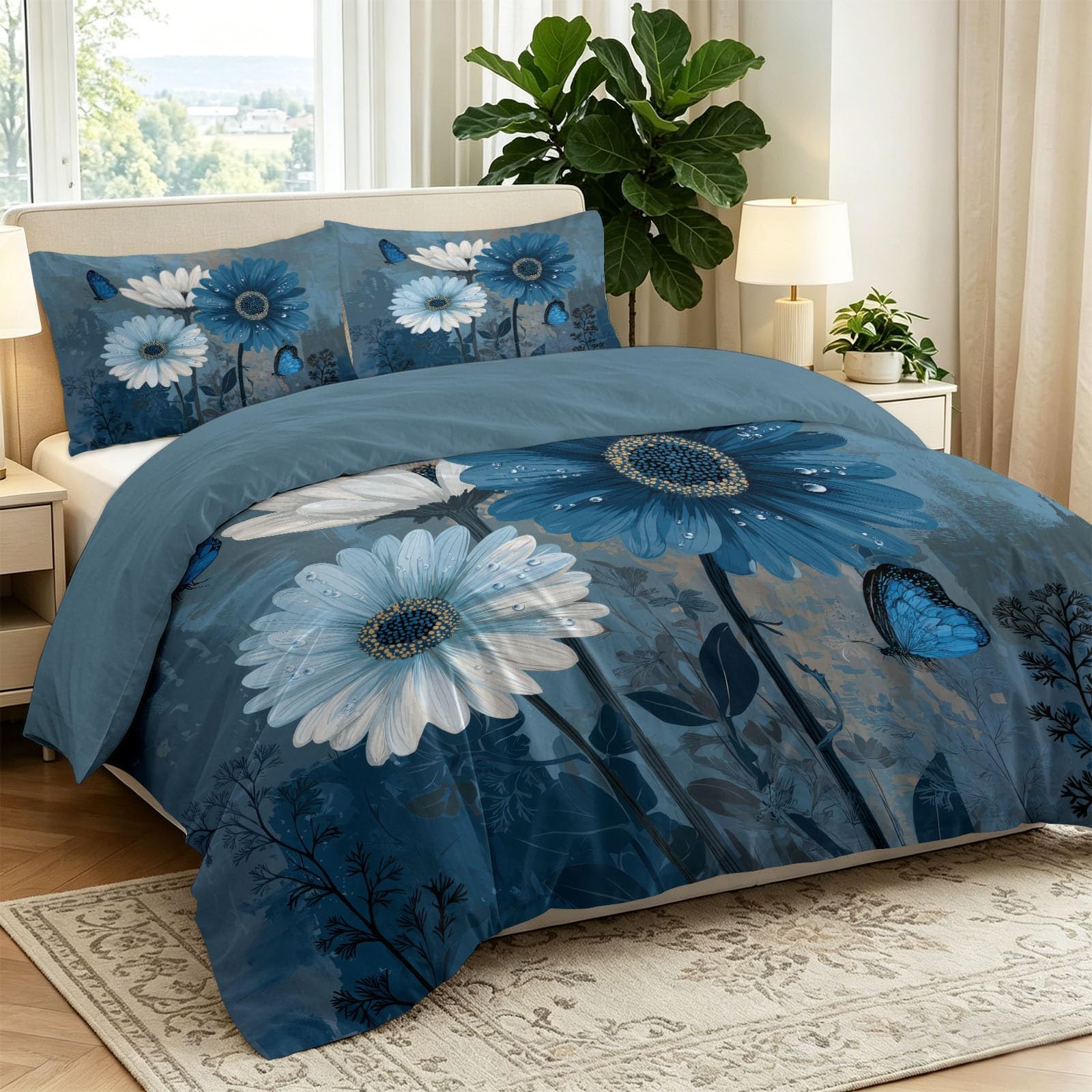Biancheria da letto moderna in microfibra, 155 x 220 cm, motivo floreale e margherite, reversibile, traspirante, utilizzabile tutto l'anno, con 2 federe da 80 x 80 cm