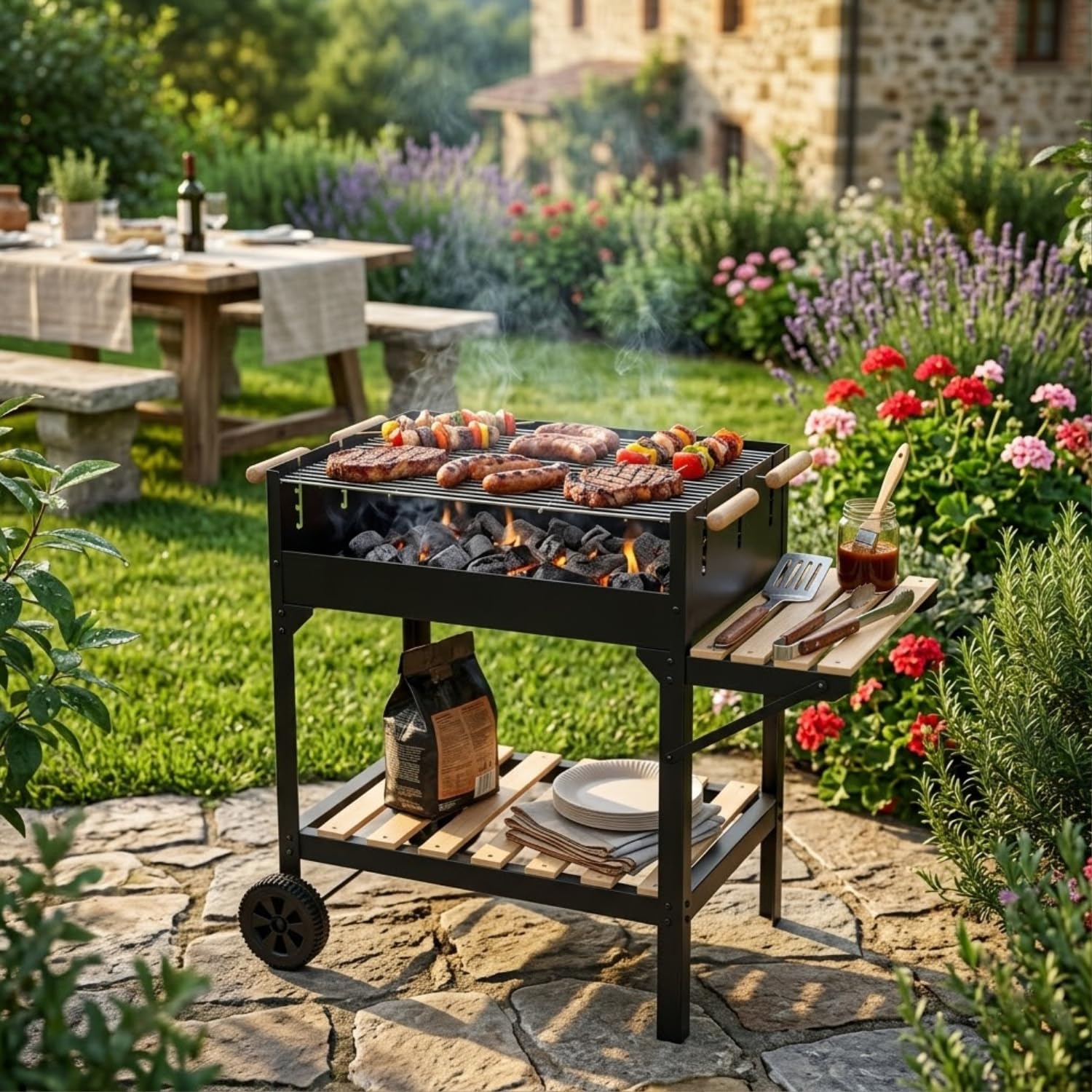 Barbecue A Carbone Con Ripiano Laterale Porta Utensili E Mensola Inferiore Struttura In Acciaio Con Ruote Per Giardino Patio Picnic E Outdoor Cooking 122 x 53 x 100 Cm Nero