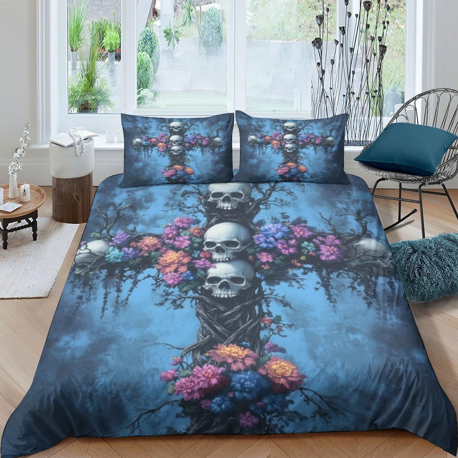 Ctjqhvkz Style-8 3D Printed Skull Floral Cross Fitted Sheet Microfiber Soft Dark Gothic Mattress Cover Bedroom Dorm Decor Single（135X200cm）