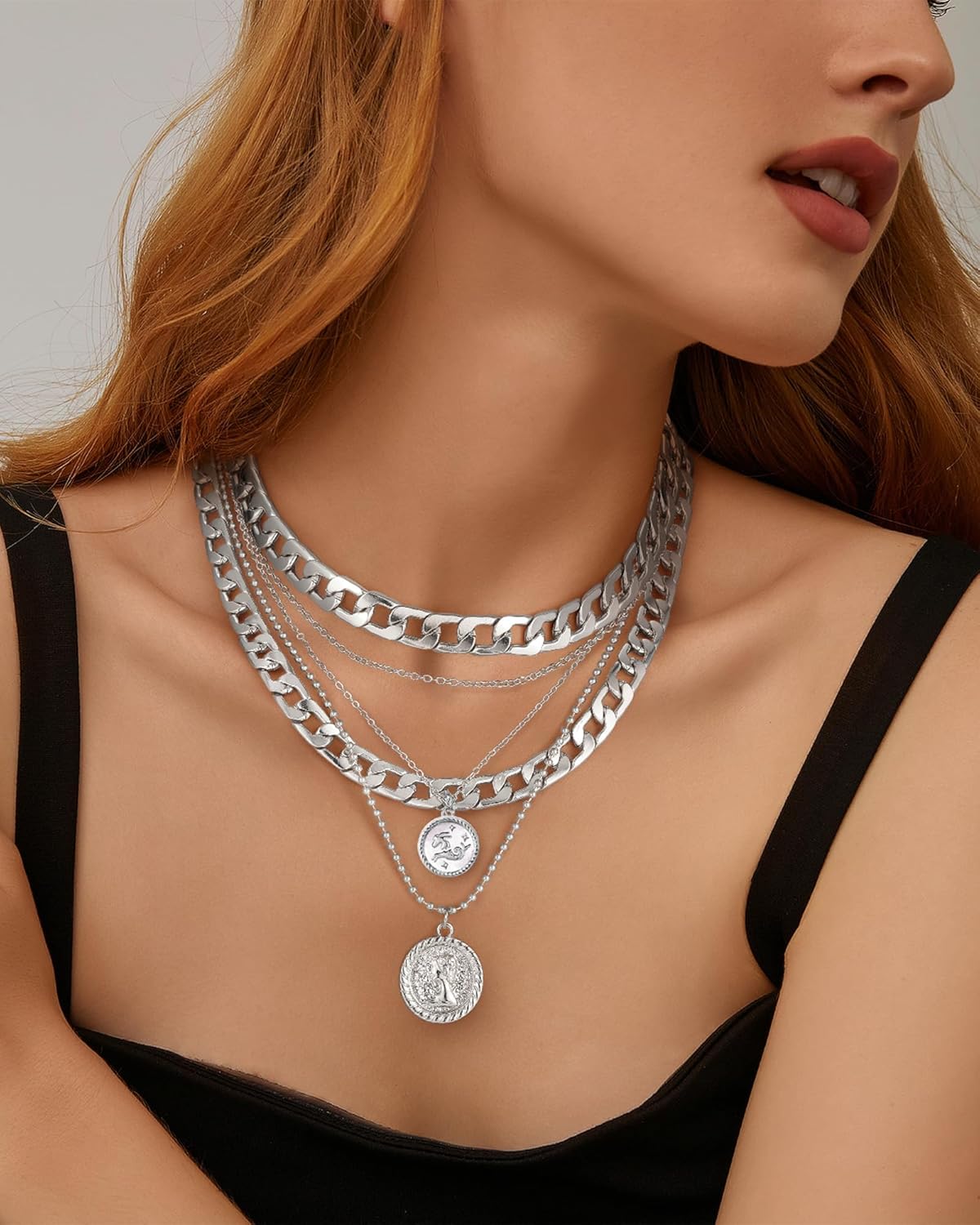 MJartoria Layered Necklaces for Women Trendy Retro Coin Pendant Necklace Dainty Chunky Chain Choker Necklaces for Jewelry Birthday Gifts - Image 2