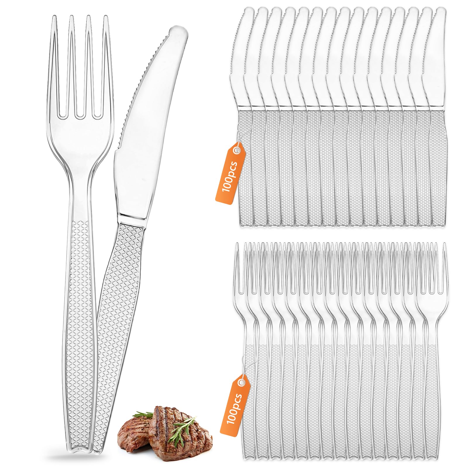 AUAUY 200 PCS Clear Reusable Cutlery Set (100 Forks & 100 Dinner Cutlery)