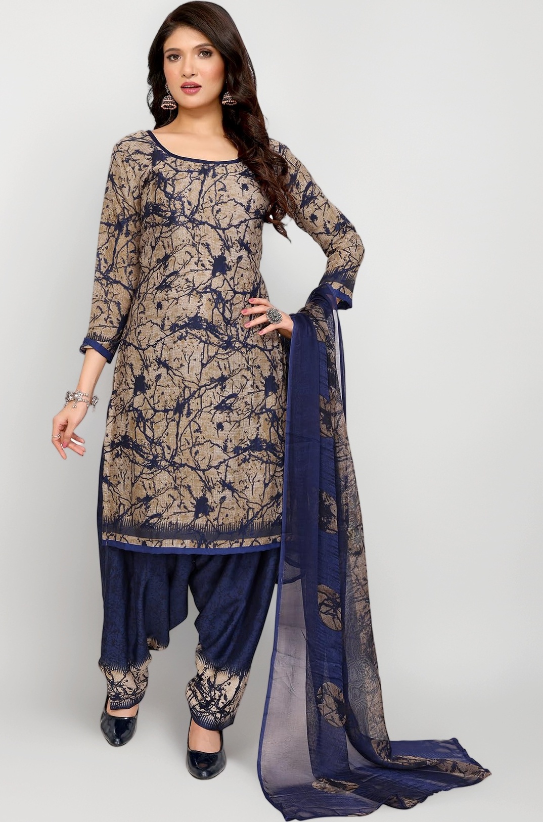 Yashika Women's Printed Dress Material - Unstitched Crepe Fabric Kurti, Pants & Dupatta Set