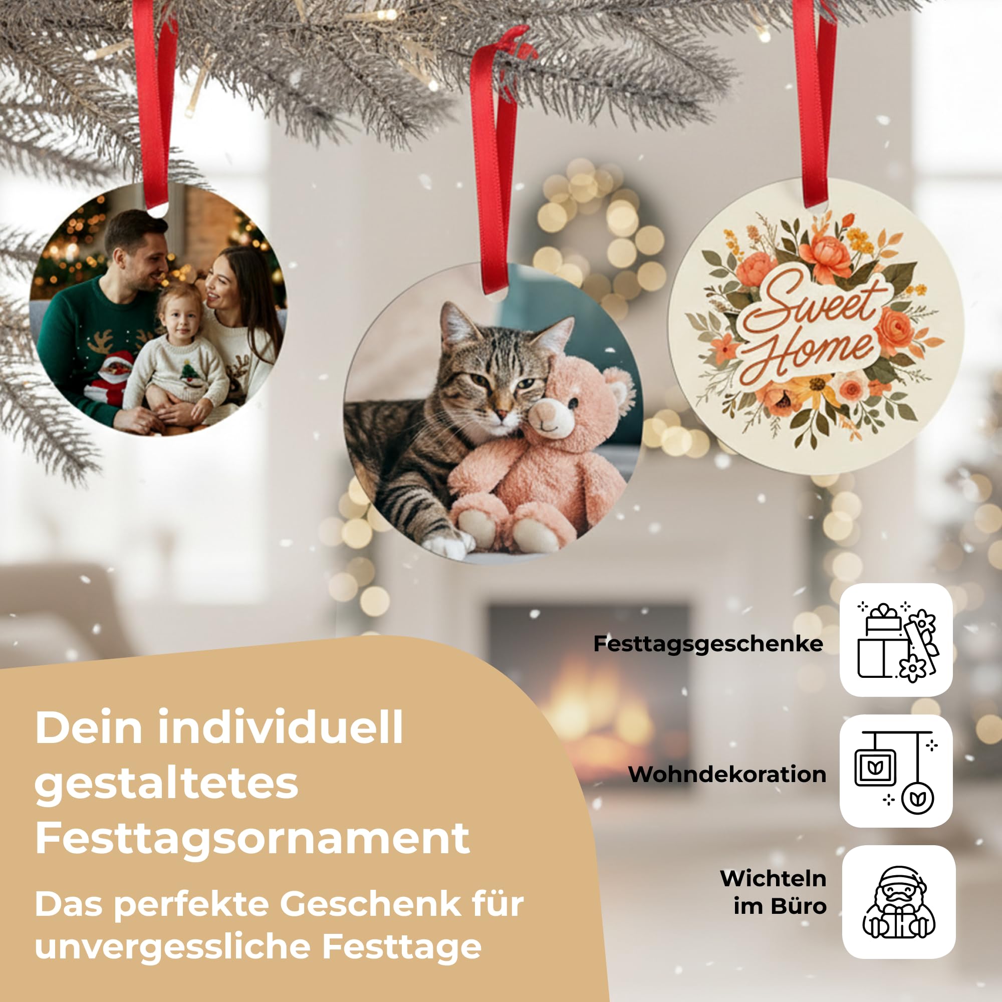 Cimpress personalisierter Weihnachtsschmuck Rund 7x7 cm, 6 Stück, Metall, Foto & Text, individuelle Weihnachtsbaumdeko, Weihnachtsanhänger, Geschenkidee Familie, Baby’s erstes Weihnachten