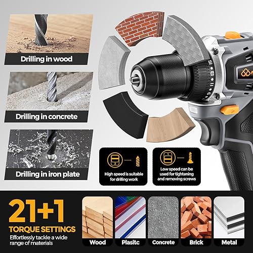 Miniatura 4 de Juego de taladro de iones de litio inalámbrico sin escobillas de 20 V, diseño compacto, kit de taladro de iones de litio recargable gris, incluye