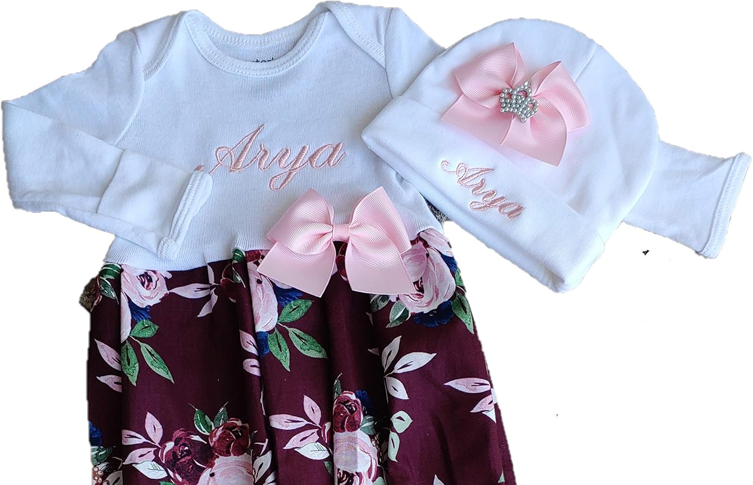 Newborn Baby Girl Coming Home Outfit Personalized Floral Layette Gown with Beanie Pink - Image 2
